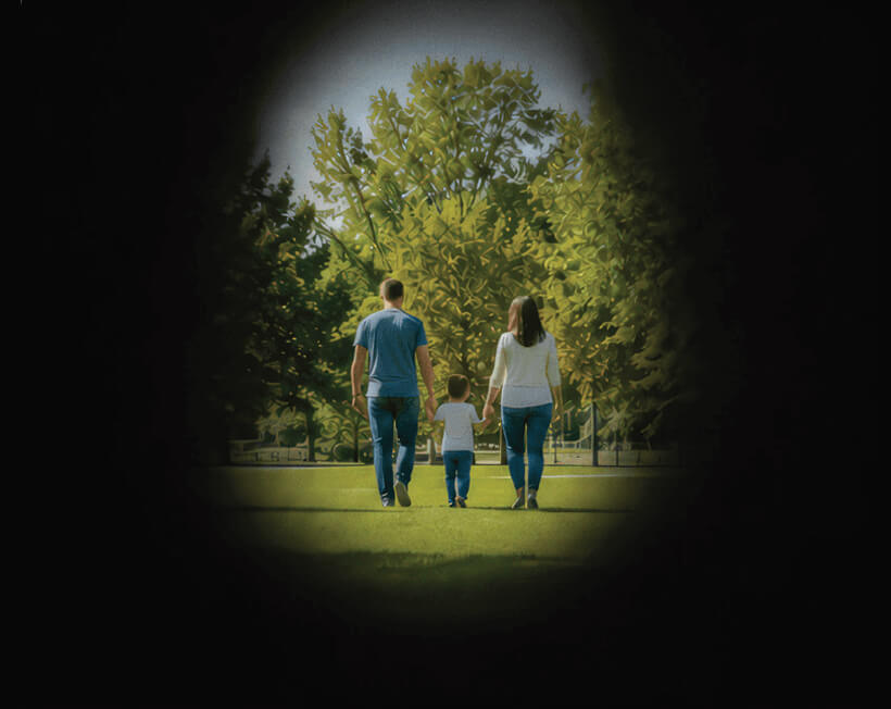 A park scene with severely narrowed visible area representing advanced glaucoma